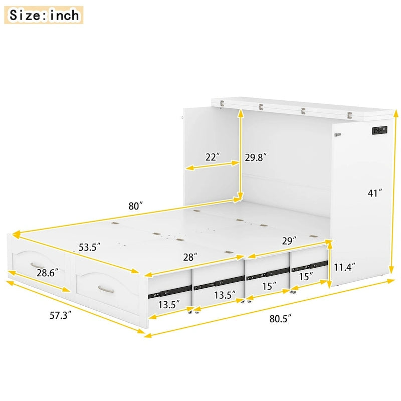 Queen/Full Size Murphy Bed with drawer and a set of Sockets & USB Ports