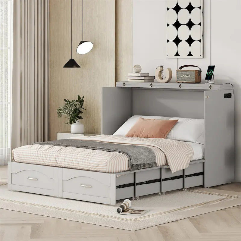 Queen/Full Size Murphy Bed with drawer and a set of Sockets & USB Ports