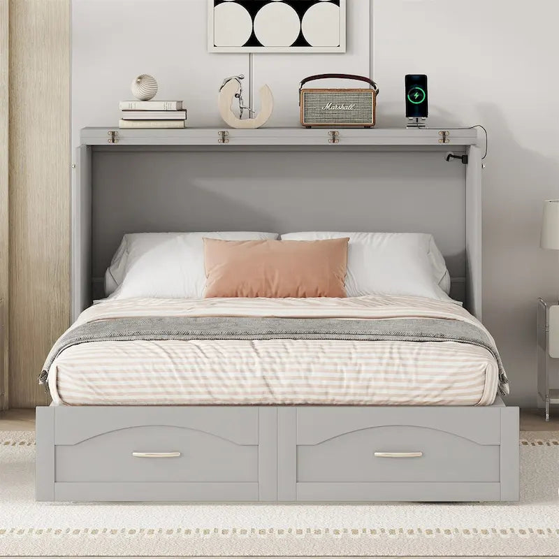 Queen/Full Size Murphy Bed with drawer and a set of Sockets & USB Ports