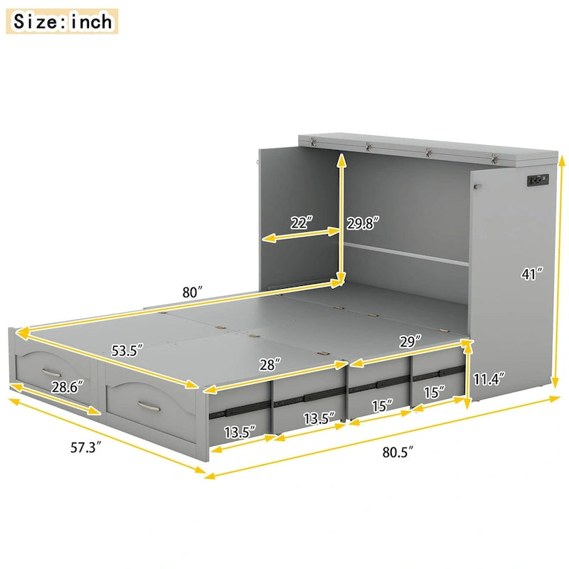 Queen/Full Size Murphy Bed with drawer and a set of Sockets & USB Ports