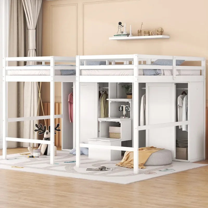 Double Twin Loft Beds with Wardrobes and Staircase