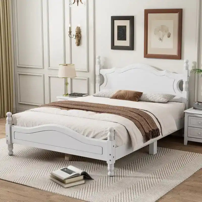 Retro Wood Platform Bed Frame with Wooden Slat Support