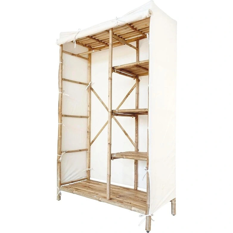 Bamboo Wardrobe Closet Organizer with Shelves and Fabric Cover