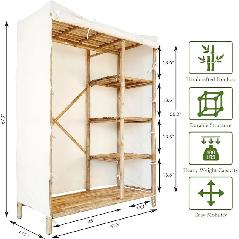 Bamboo Wardrobe Closet Organizer with Shelves and Fabric Cover