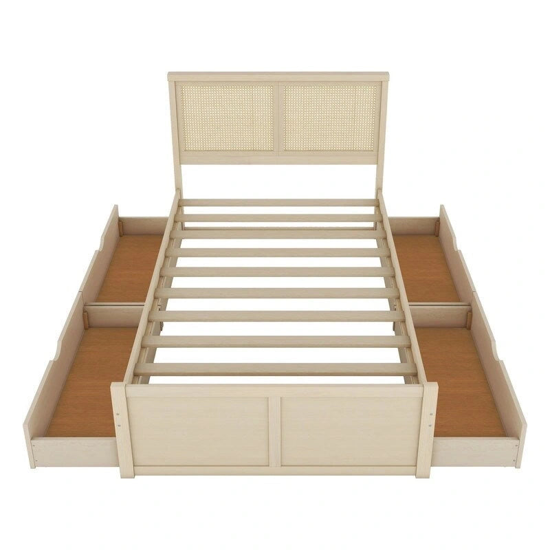 Wood Full Size Storage Platform Bed with 4 Drawers, Rattan Headboard