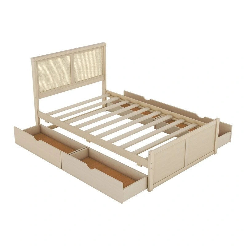 Wood Full Size Storage Platform Bed with 4 Drawers, Rattan Headboard