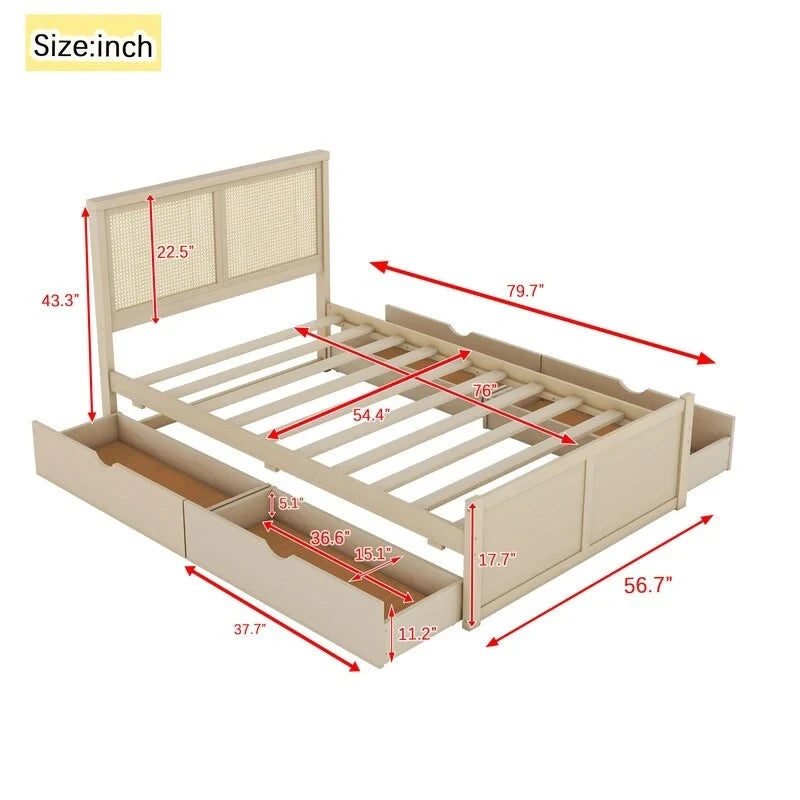 Wood Full Size Storage Platform Bed with 4 Drawers, Rattan Headboard