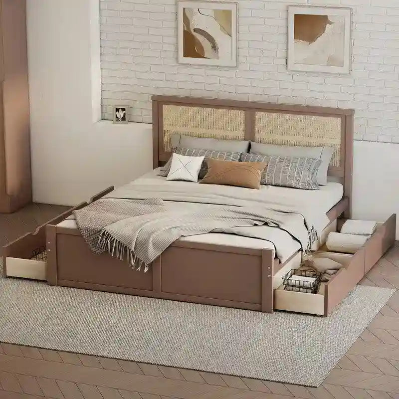 Wood Full Size Storage Platform Bed with 4 Drawers, Rattan Headboard