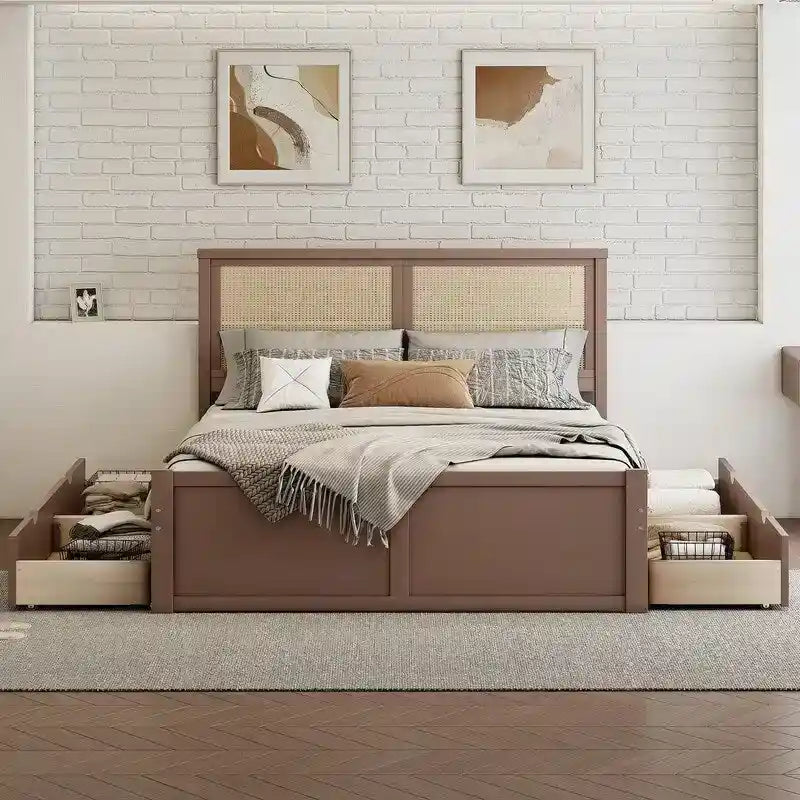 Wood Full Size Storage Platform Bed with 4 Drawers, Rattan Headboard