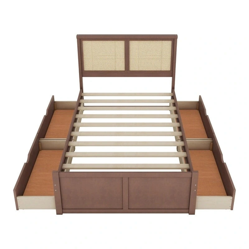 Wood Full Size Storage Platform Bed with 4 Drawers, Rattan Headboard