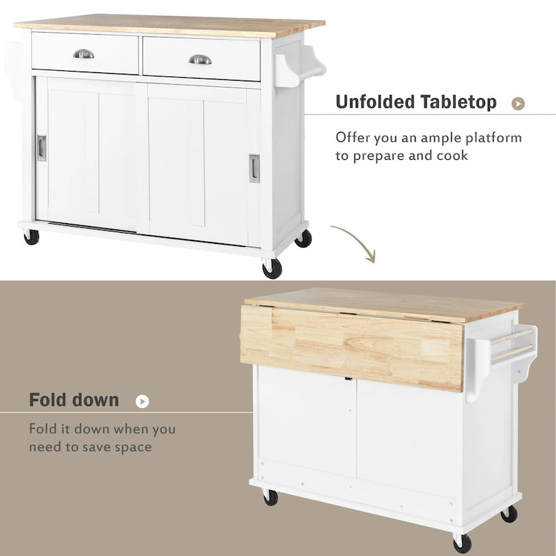 Kitchen Cart with Rubber wood Drop-Leaf Countertop, sliding barn door
