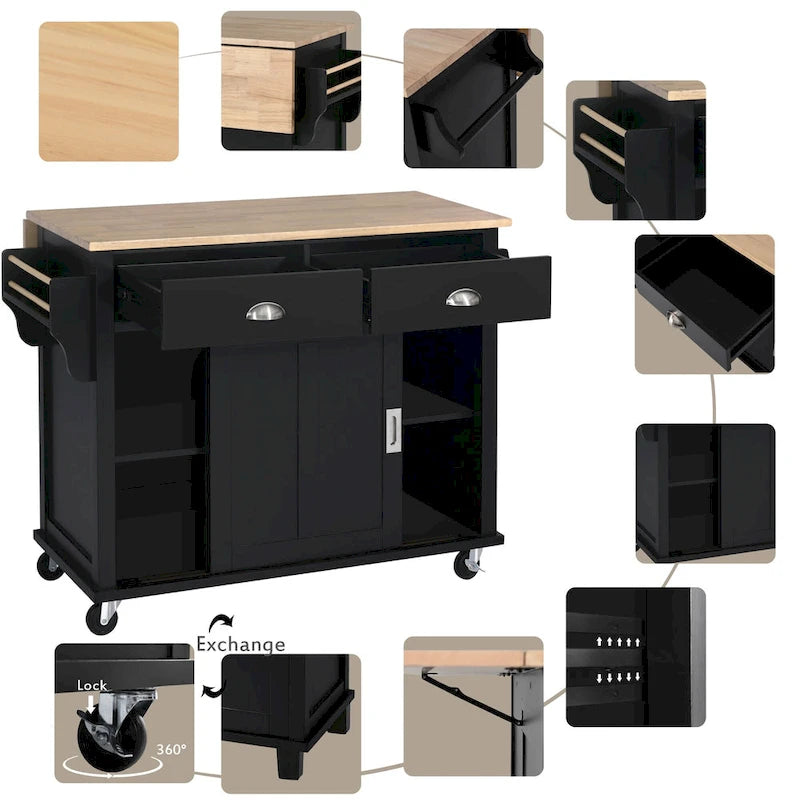 Kitchen Cart with Rubber wood Drop-Leaf Countertop, sliding barn door