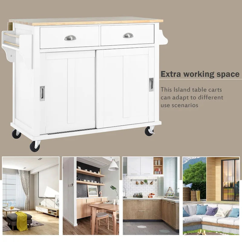 Kitchen Cart with Rubber wood Drop-Leaf Countertop, sliding barn door