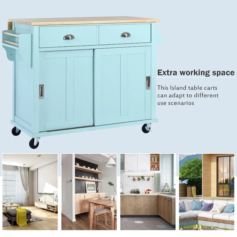 Kitchen Cart with Rubber wood Drop-Leaf Countertop, sliding barn door