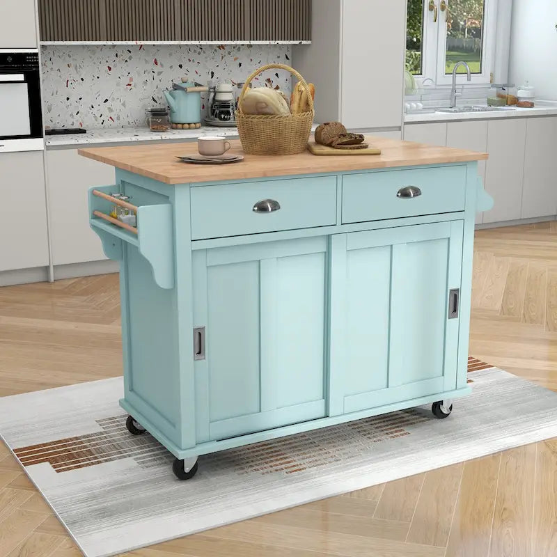 Kitchen Cart with Rubber wood Drop-Leaf Countertop, sliding barn door