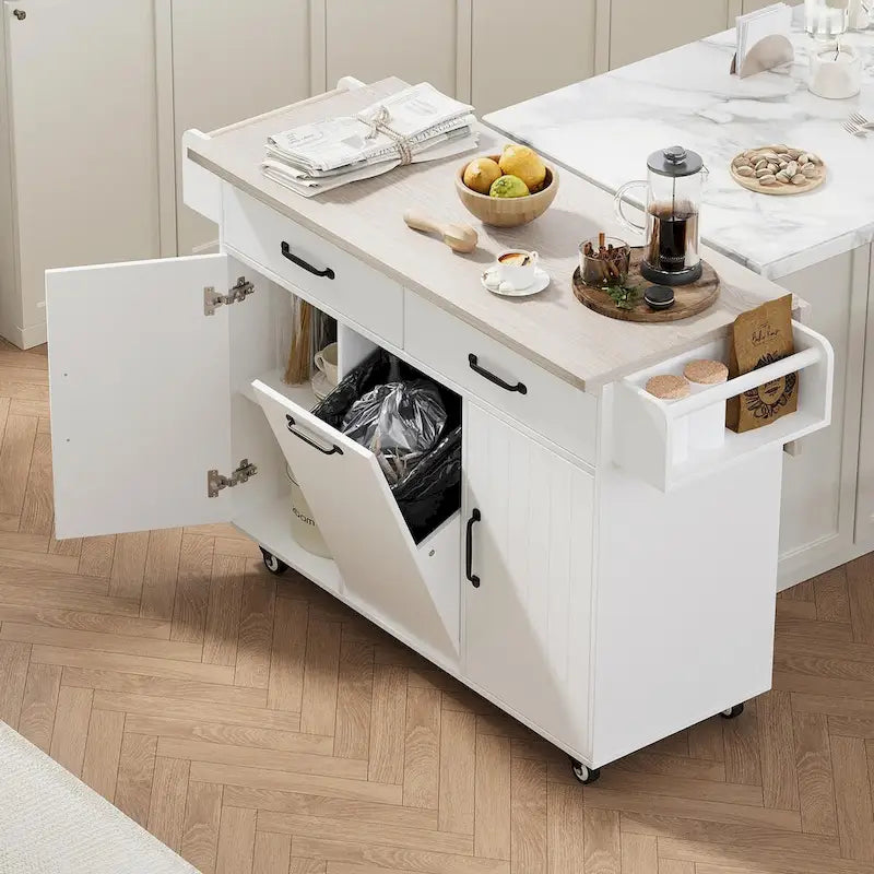 Kitchen Island with Trash Can Storage and Adjustable Shelf
