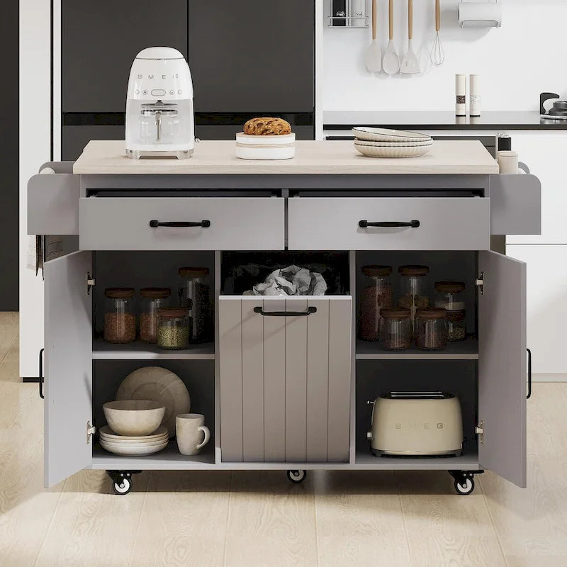 Kitchen Island with Trash Can Storage and Adjustable Shelf