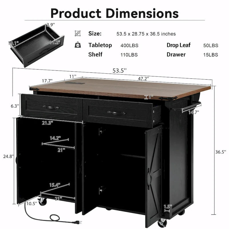 53.5 Farmhouse Kitchen Island - Power Outlet, Drop Leaf, Spice Rack, Drawer, Rolling Cart on Wheels