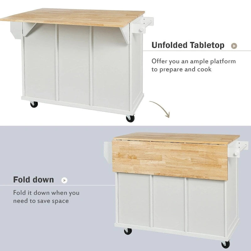 Kitchen Island on 5 Wheels with Storage Cabinet and 3 Drawers