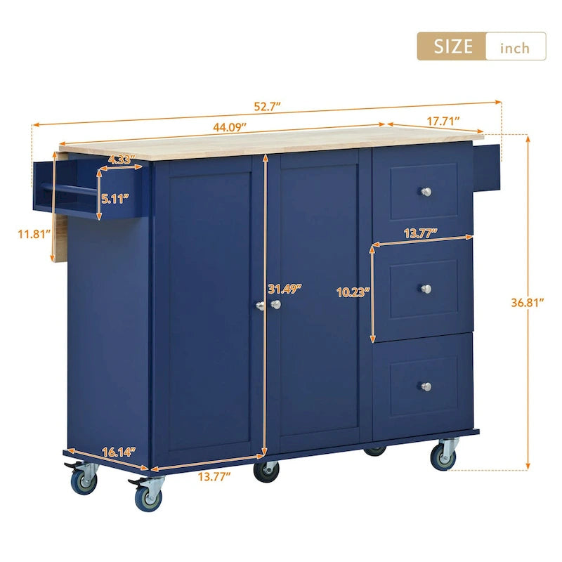 Rolling Mobile Kitchen Island with Locking Wheels Storage Cabinet - 52.76 x 29.5 x 36.81 inches