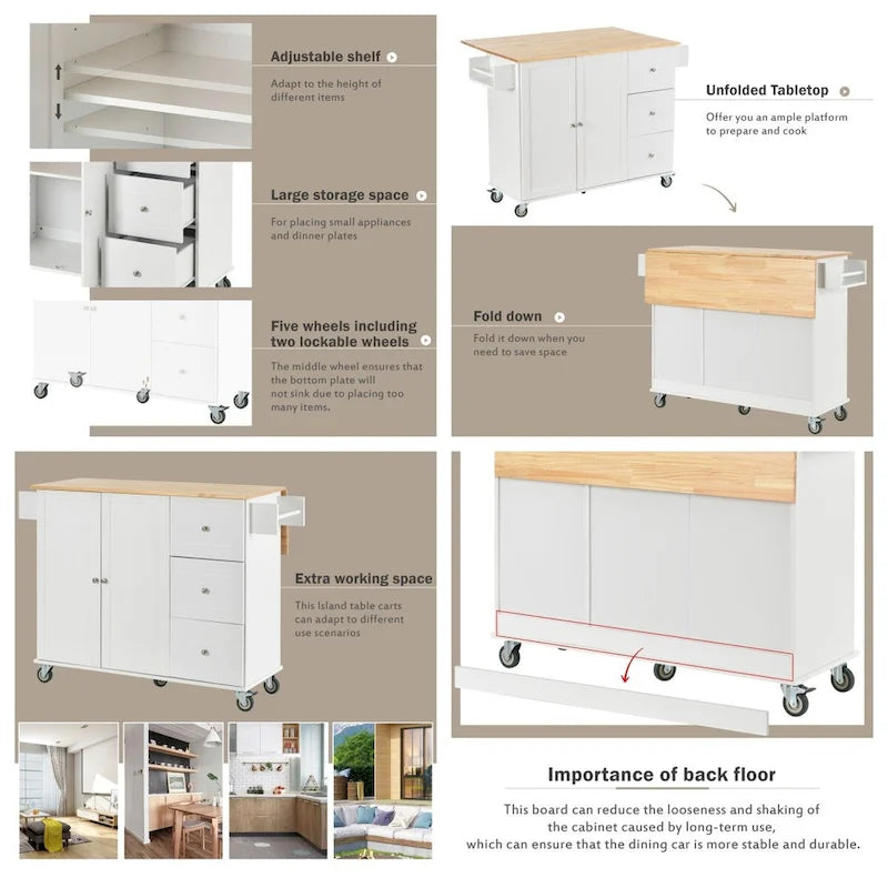Rolling Mobile Kitchen Island with Locking Wheels Storage Cabinet - 52.76 x 29.5 x 36.81 inches