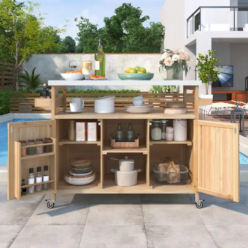 Outdoor Kitchen Island, Rolling Bar Cart & Storage Cabinet,Solid Wood Grill Table with Stainless Steel Top,Spice Rack,Towel Rack