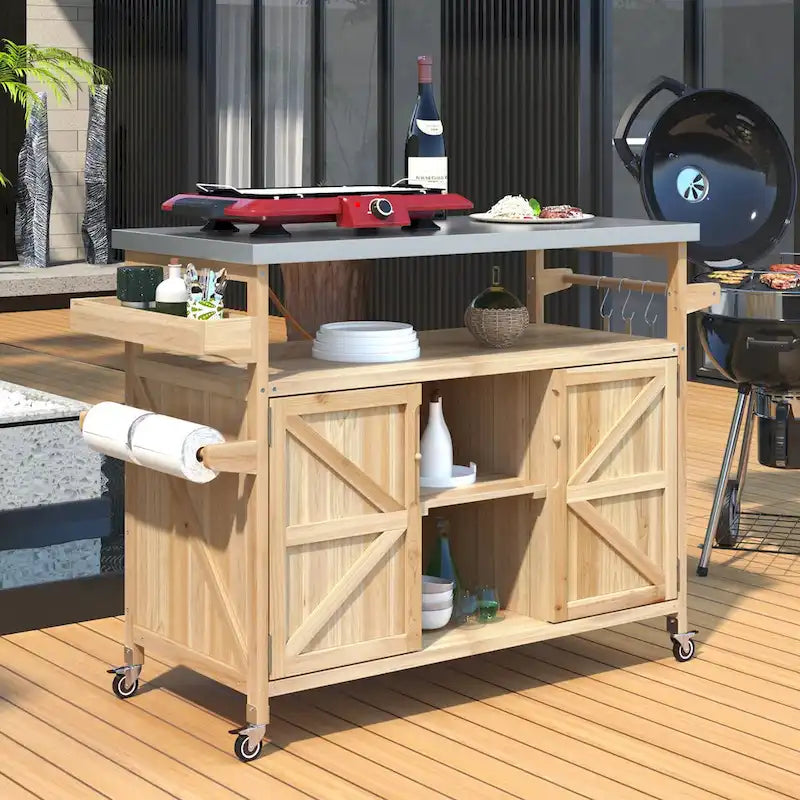 Outdoor Kitchen Island, Rolling Bar Cart & Storage Cabinet,Solid Wood Grill Table with Stainless Steel Top,Spice Rack,Towel Rack
