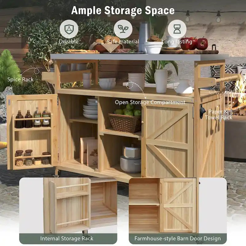 Outdoor Kitchen Island, Rolling Bar Cart & Storage Cabinet,Solid Wood Grill Table with Stainless Steel Top,Spice Rack,Towel Rack