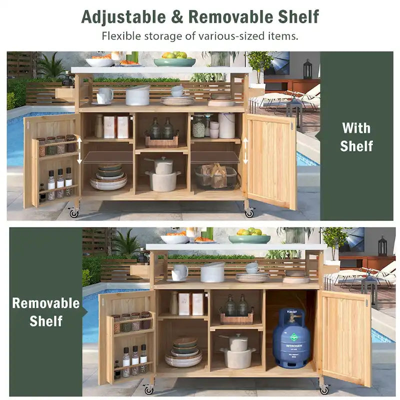 Outdoor Kitchen Island, Rolling Bar Cart & Storage Cabinet,Solid Wood Grill Table with Stainless Steel Top,Spice Rack,Towel Rack
