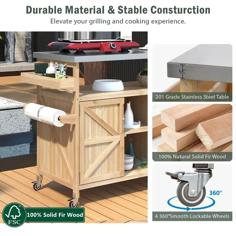 Outdoor Kitchen Island, Rolling Bar Cart & Storage Cabinet,Solid Wood Grill Table with Stainless Steel Top,Spice Rack,Towel Rack