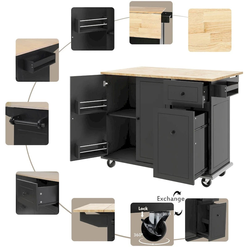 53.9 in. W Kitchen Island Rubberwood Drop-Leaf Countertop on 5 Wheels with Internal Storage Rack and 3 Tier Pull Out Cabinet