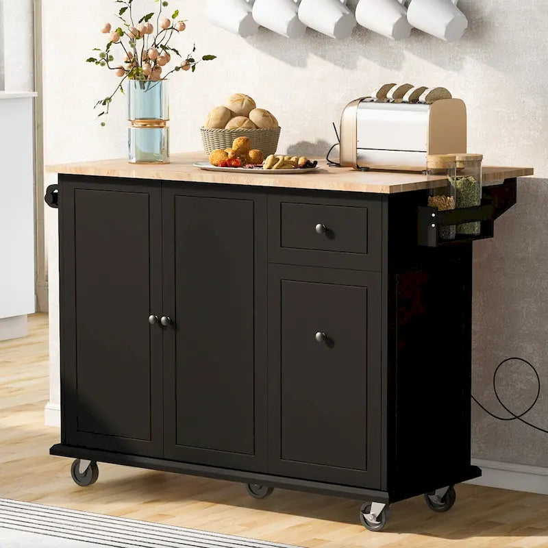 53.9 in. W Kitchen Island Rubberwood Drop-Leaf Countertop on 5 Wheels with Internal Storage Rack and 3 Tier Pull Out Cabinet