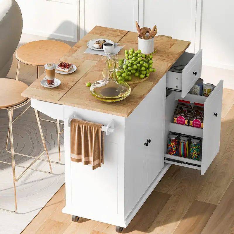 53.9 in. W Kitchen Island Rubberwood Drop-Leaf Countertop on 5 Wheels with Internal Storage Rack and 3 Tier Pull Out Cabinet