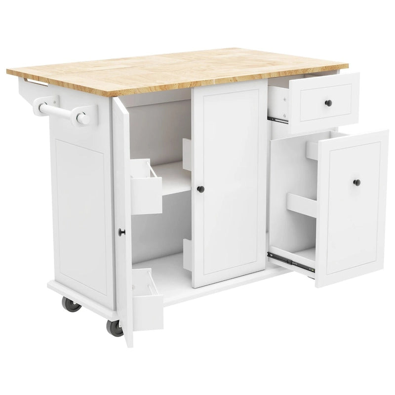 53.9 in. W Kitchen Island Rubberwood Drop-Leaf Countertop on 5 Wheels with Internal Storage Rack and 3 Tier Pull Out Cabinet