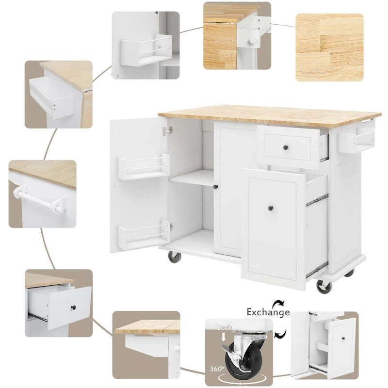 53.9 in. W Kitchen Island Rubberwood Drop-Leaf Countertop on 5 Wheels with Internal Storage Rack and 3 Tier Pull Out Cabinet