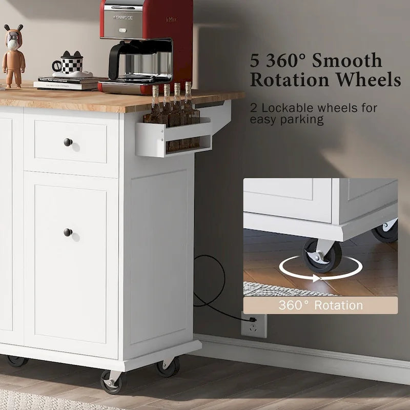53.9 in. W Kitchen Island Rubberwood Drop-Leaf Countertop on 5 Wheels with Internal Storage Rack and 3 Tier Pull Out Cabinet