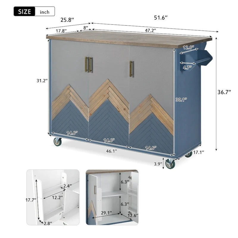 Retro MDF Kitchen Island on Wheels with Drop Leaf and Towel Rack