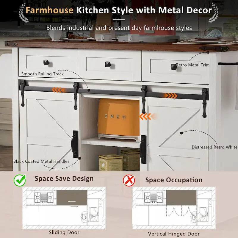 53.7Kitchen Island with Power Outlet,2 Sliding Barn Door Island with Drop Leaf,Spice Rack Rolling Kitchen Cart on Wheels