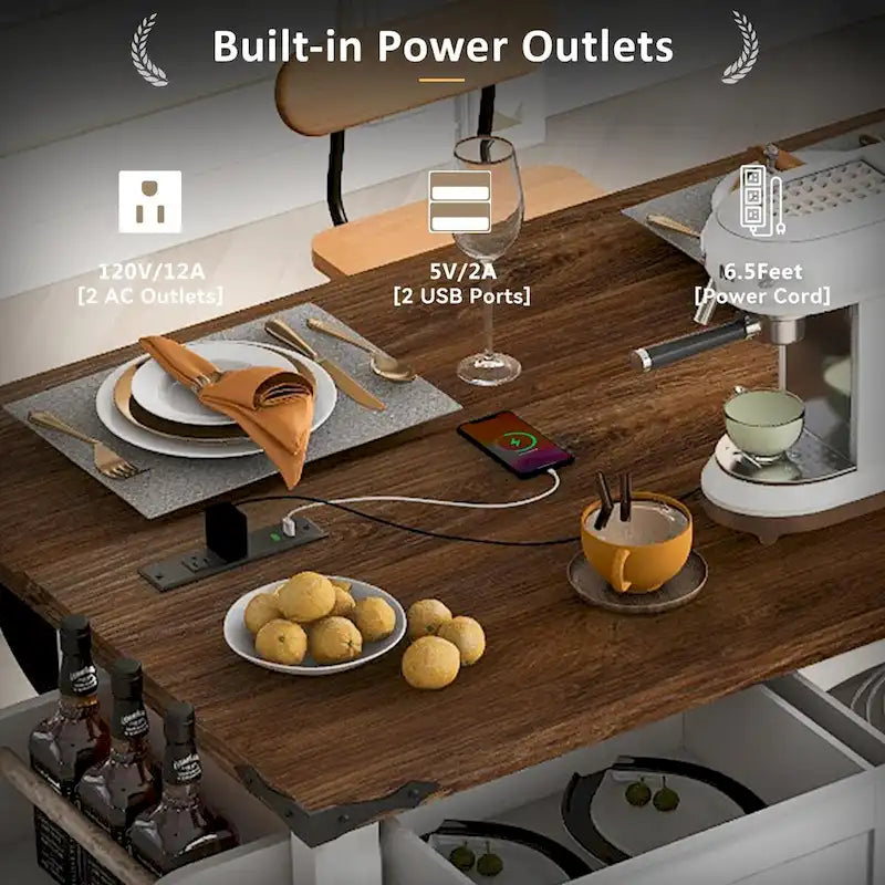 53.7Kitchen Island with Power Outlet,2 Sliding Barn Door Island with Drop Leaf,Spice Rack Rolling Kitchen Cart on Wheels