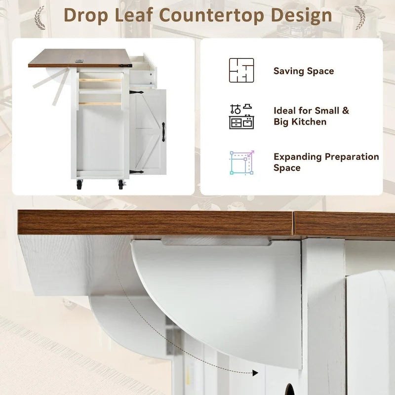 53.5Kitchen Island with Power Outlet,Storage Island with Drop Leaf,Spice Rack and Drawer,Rolling Kitchen Cart on Wheels