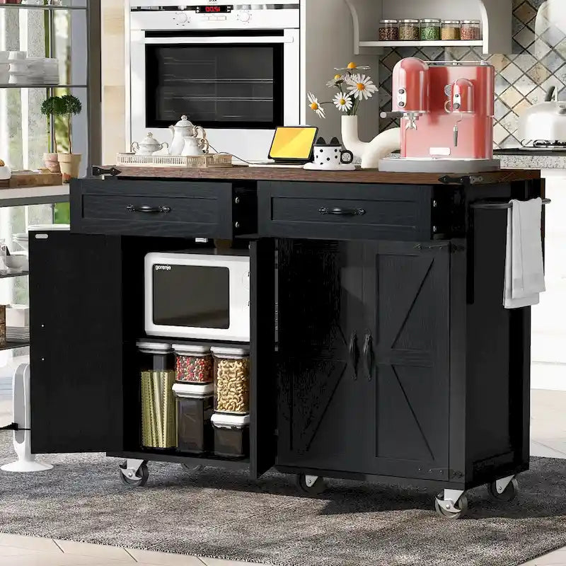 53.5Kitchen Island with Power Outlet,Storage Island with Drop Leaf,Spice Rack and Drawer,Rolling Kitchen Cart on Wheels