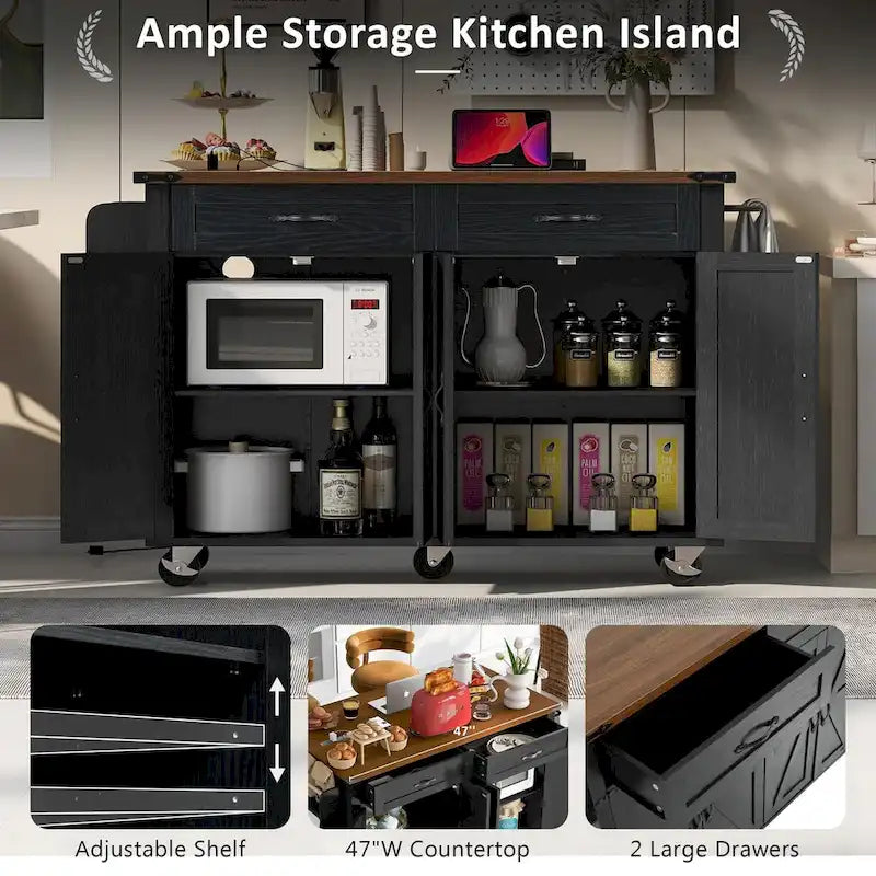53.5Kitchen Island with Power Outlet,Storage Island with Drop Leaf,Spice Rack and Drawer,Rolling Kitchen Cart on Wheels