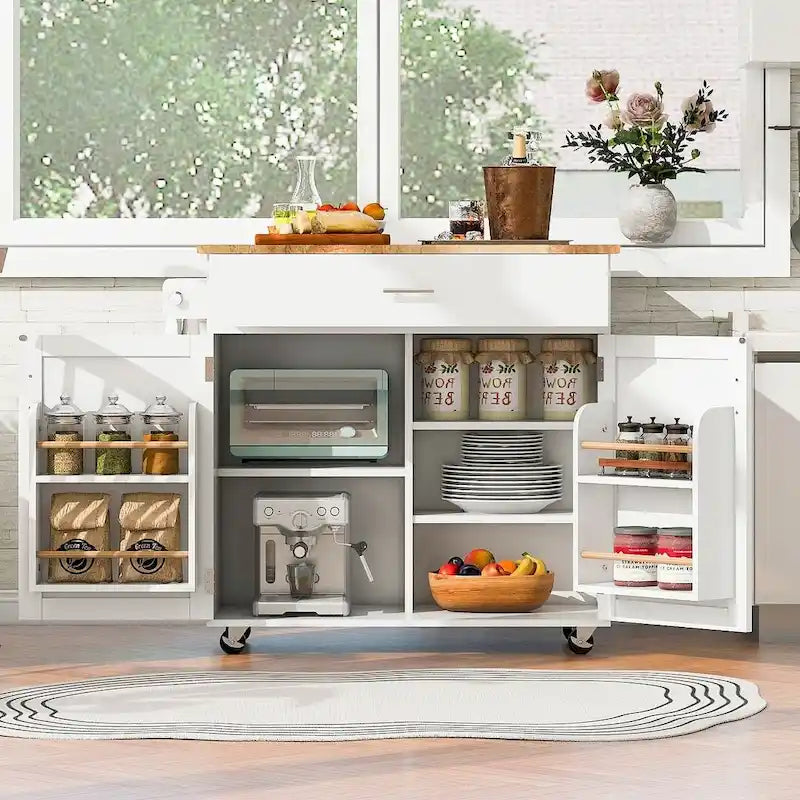 39.00 W Modern Rubberwood Top Kitchen Cart with Storage and Towel Racks