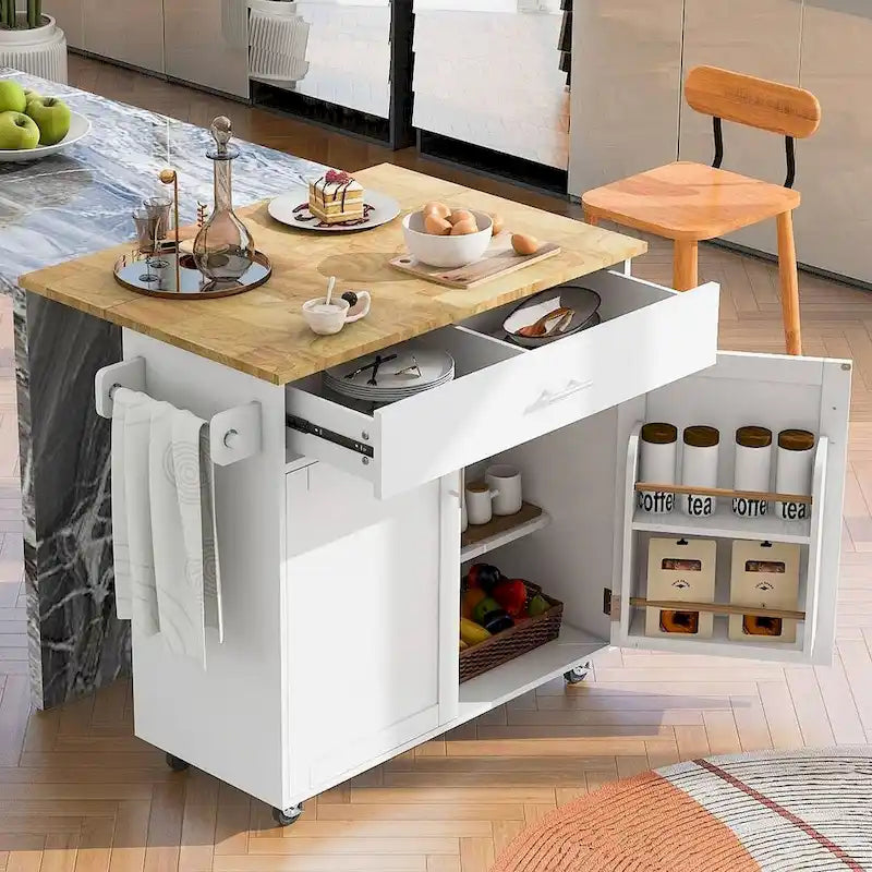 39.00 W Modern Rubberwood Top Kitchen Cart with Storage and Towel Racks