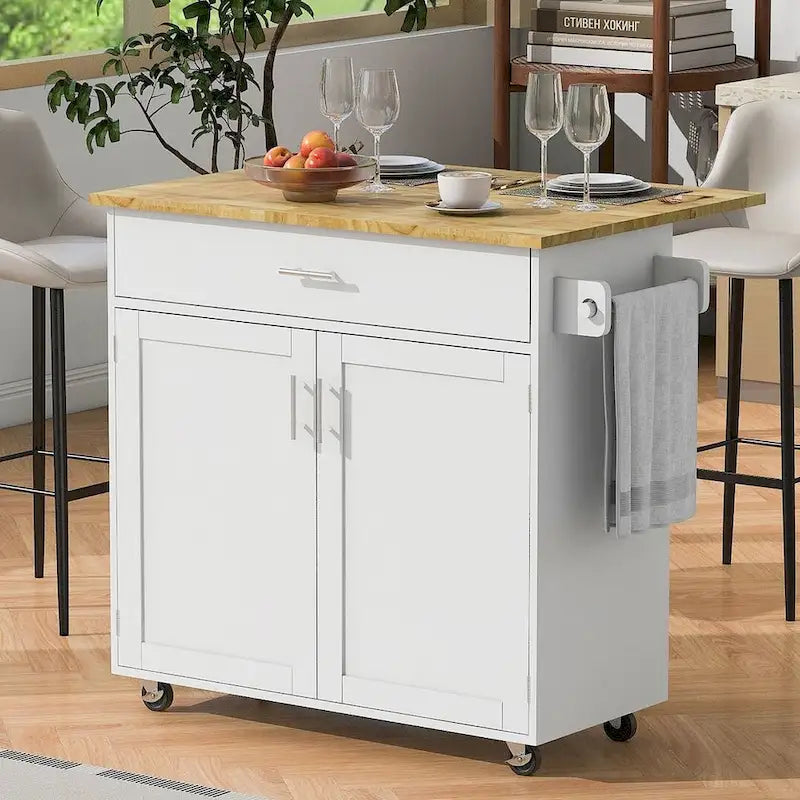 39.00 W Modern Rubberwood Top Kitchen Cart with Storage and Towel Racks
