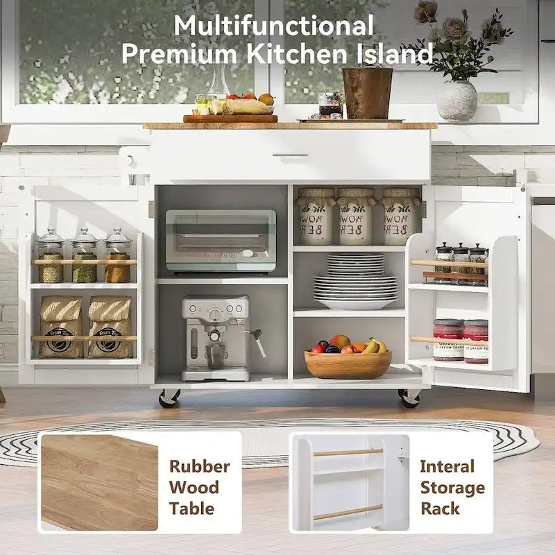 39.00 W Modern Rubberwood Top Kitchen Cart with Storage and Towel Racks