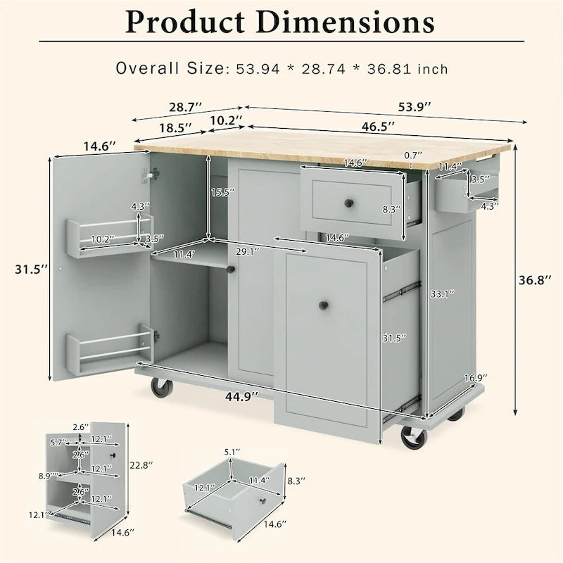 Rolling Kitchen Cart with Internal Storage Rack and Pull Out Cabinet - N/A