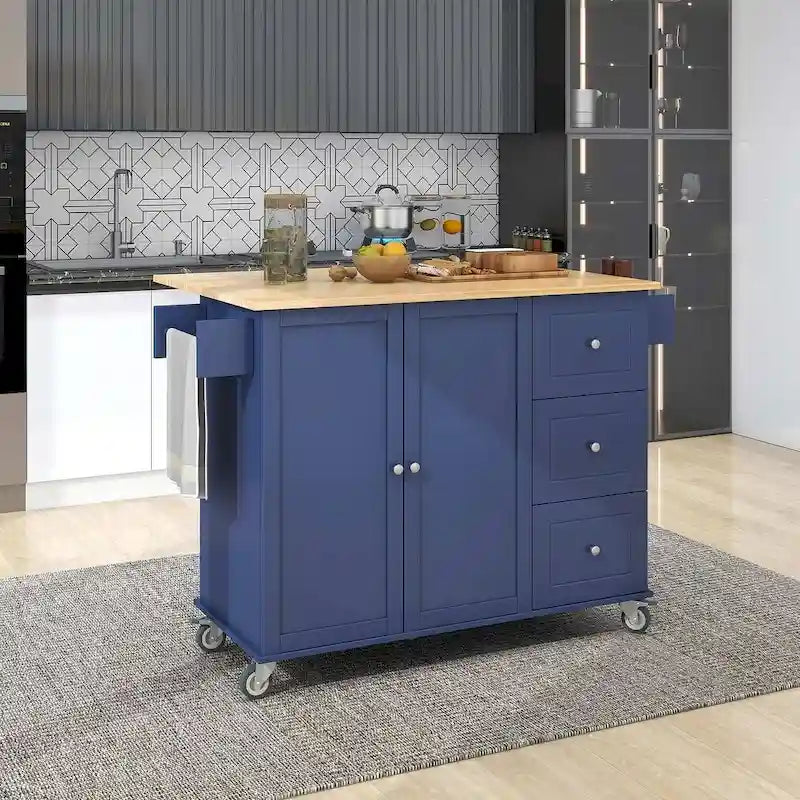 52.7 W Folding Multifunctional Lockable Wheel Kitchen Cart with 2 Doors and 3 Drawers