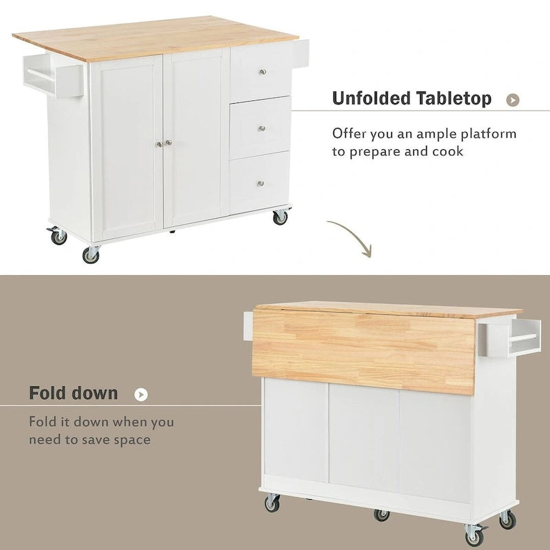 52.7 W Folding Multifunctional Lockable Wheel Kitchen Cart with 2 Doors and 3 Drawers
