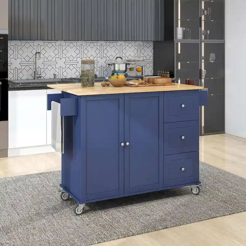52.7 W Folding Multifunctional Lockable Wheel Kitchen Cart with 2 Doors and 3 Drawers